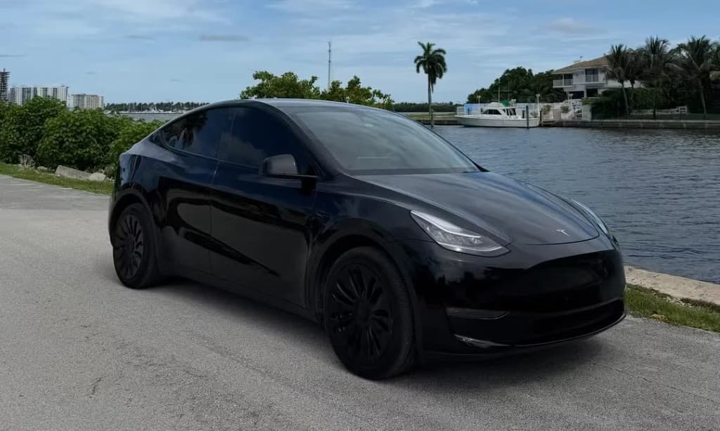 Black Tesla listing photo in flat overcast light by the water