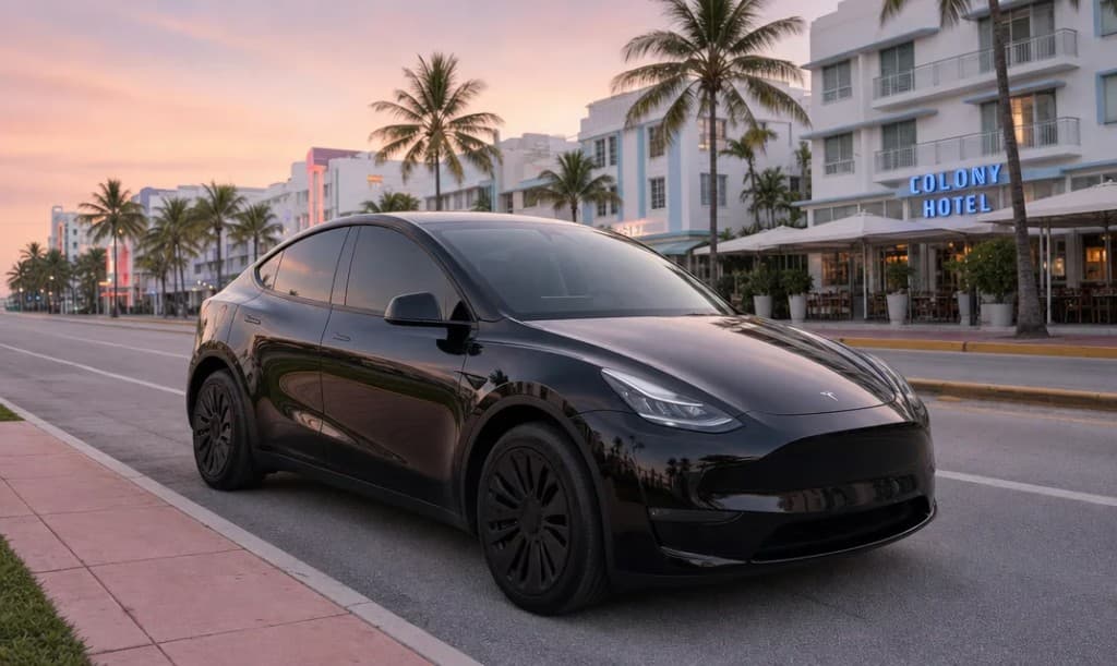 Same black Tesla at golden hour on Ocean Drive Miami Beach