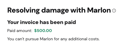 Turo damage resolution screen showing a paid amount of five hundred dollars